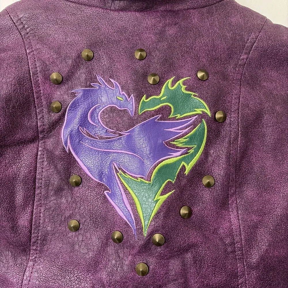 Disney Kids Mal-Descendants Moto Studded Purple Faux Leather Jacket Size 7/8
